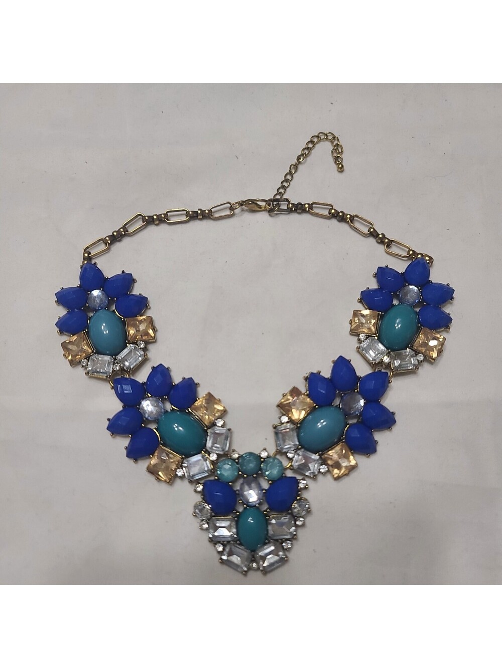 Large Statement Necklace Multi-Gem Costume Piece Goldtone Bow Chain